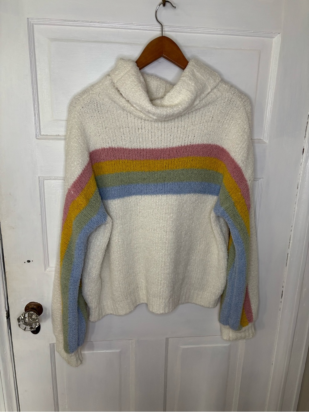 Altar'd State Cream Cowl Neck Sweater with Rainbow Pattern
